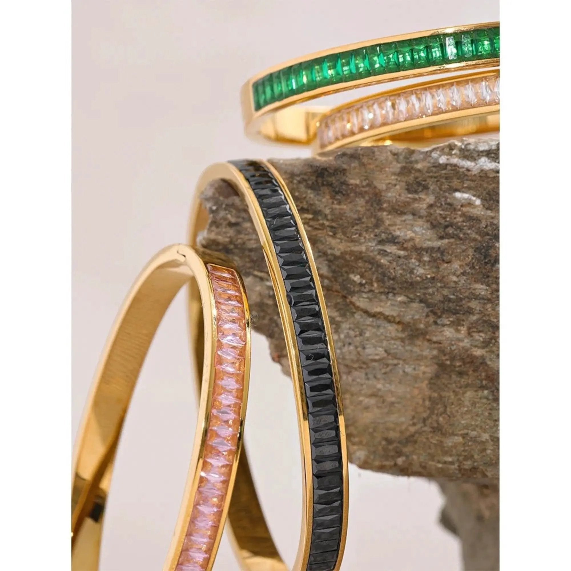 PoisedMe Emerald Green Cubic Zirconia Bangle Bracelet For Women 18K Gold Plated Steel - Bracelets