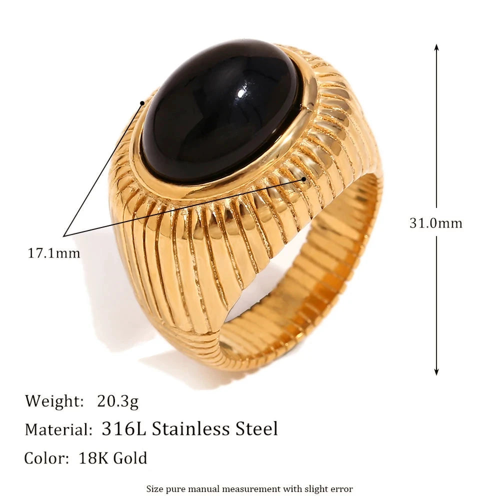 Vintage Oval Black Agate Stripes Rings Stainless Steel 18K Gold Plated Ring Woman Jewelry Women Finger Decoration by PoisedMe