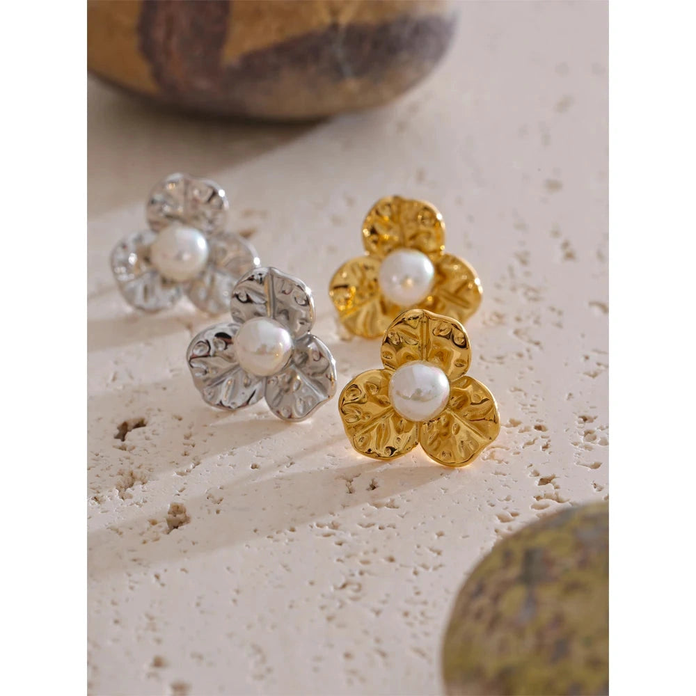 Pearl Metal Flower Small Stud Earrings for All Occasions Waterproof Stainless Steel Elegant Daily Jewelry Wholesale by PoisedMe