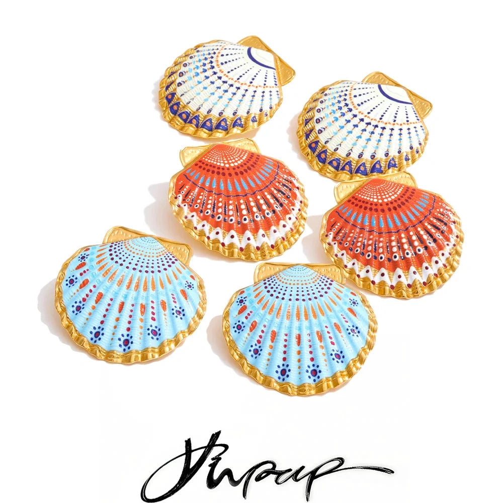 Ocean Style Stainless Steel Enamel Y2K Metal Shell Big Stud Earrings for Women Summer Statement Jewelry 2026 PVD Plated by PoisedMe