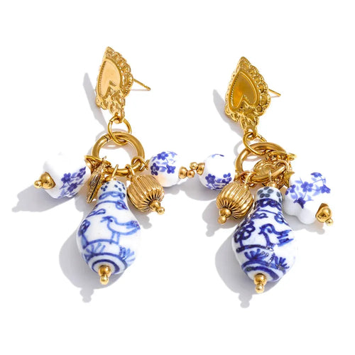 PoisedMe Ceramic Flower Heart Drop Earrings France Summer Handmade Charms Waterproof Vintage Jewelry Stainless Steel -