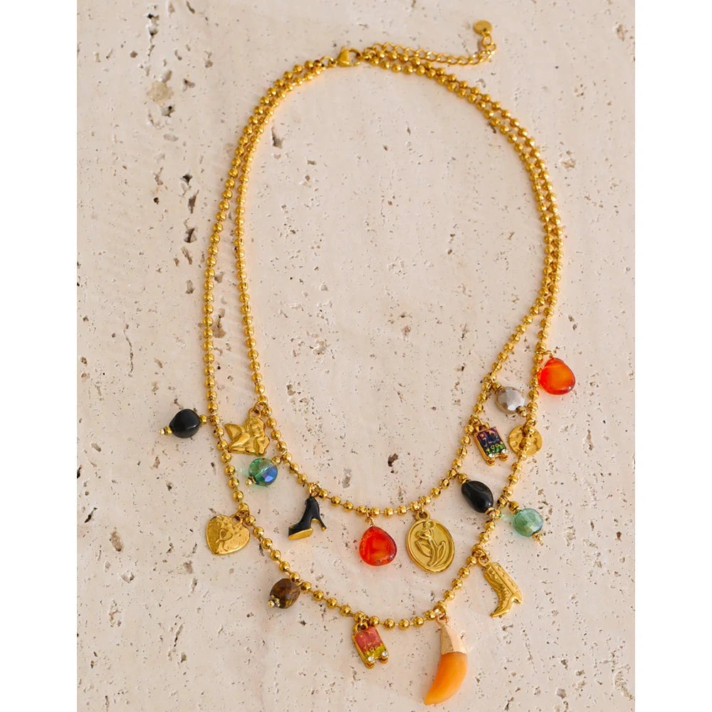 PoisedMe Resin Acrylic Stone Heart Flower High Heels Drop Charms Necklace Stylish Unique Stainless Steel Double-Layer Chain Jewelry -