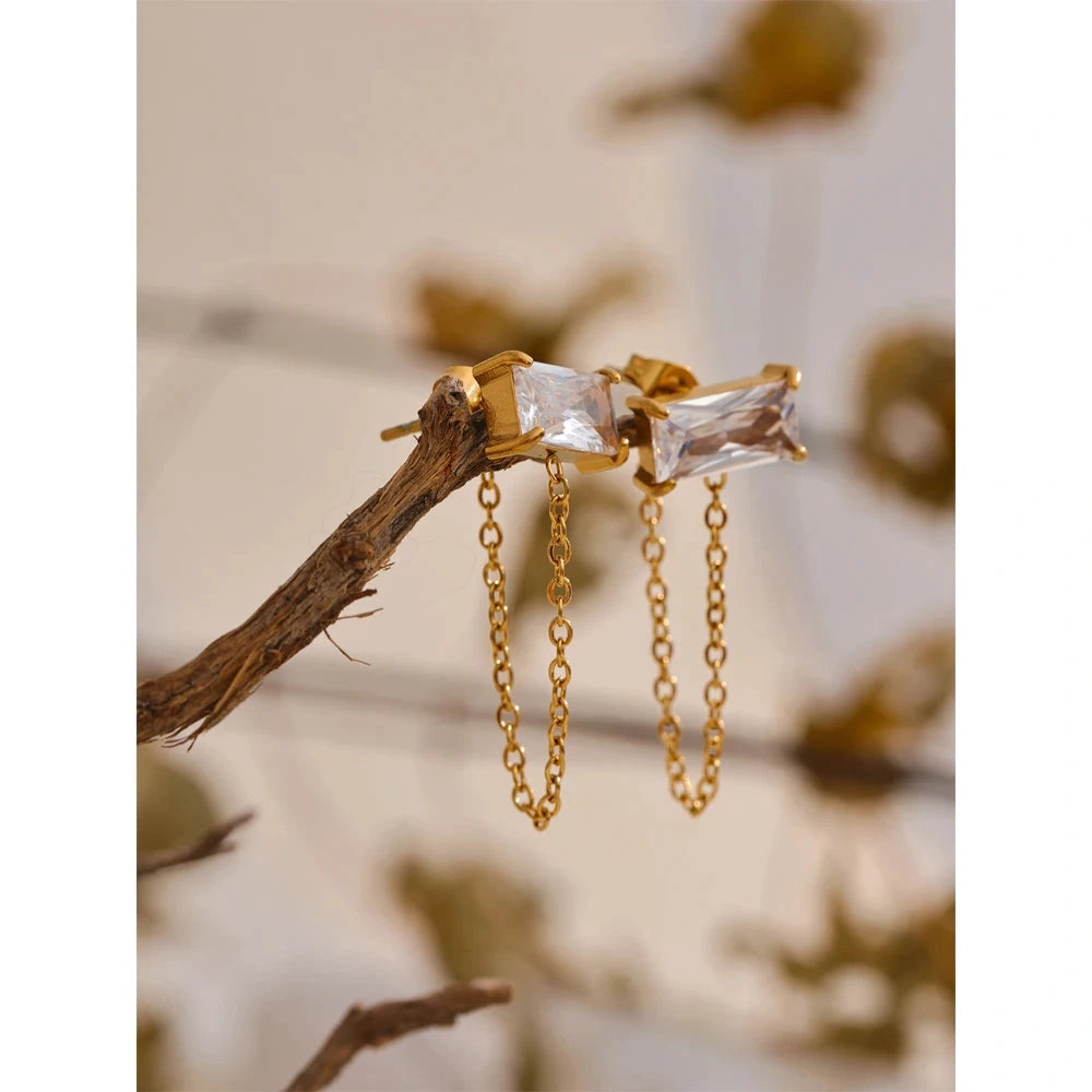 PoisedMe Shiny Cubic Zirconia Stainless Steel Chain Drop Dangle Earrings for Women Chic Daily Trendy Jewelry Wholesale Waterproof -