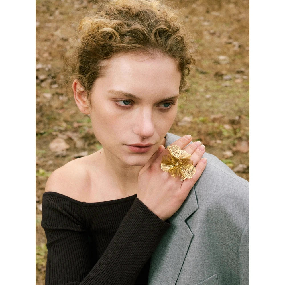 Exclusive Stainless Steel Metal Flower Adjustable Ring Women Hyperbole Personality Fashion Finger Jewelry Gift PVD Plated by PoisedMe