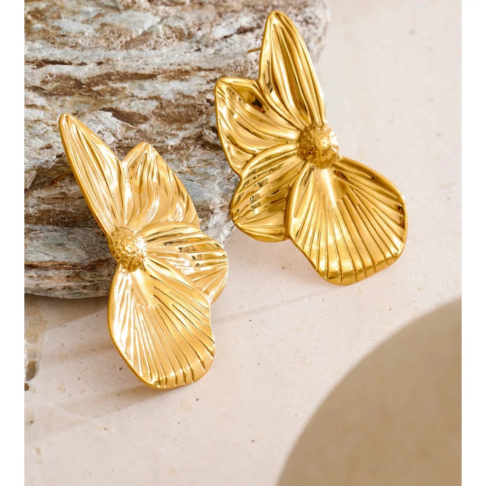 Stainless Steel Metal Petal Flower Stud Earrings 18K PVD Plated Versatile Daily Attractive Jewelry for Women Gift by PoisedMe