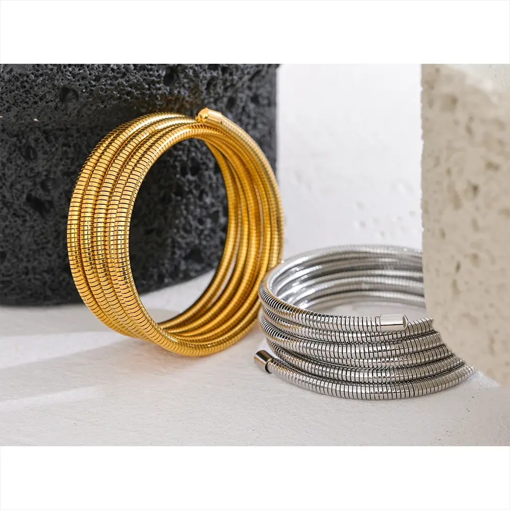 PoisedMe Yhpup Stainless Steel Stackable Multi-Layer Wrap Arm Bracelet Bangle Metal Elastic Waterproof Fashion Unisex Jewelry Men Women -