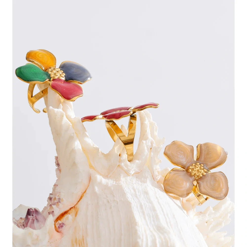 Colorful Metal Flower Petal Charm Open Adjustable Ring for Women Stainless Steel Trendy Cheap Finger Jewelry by PoisedMe