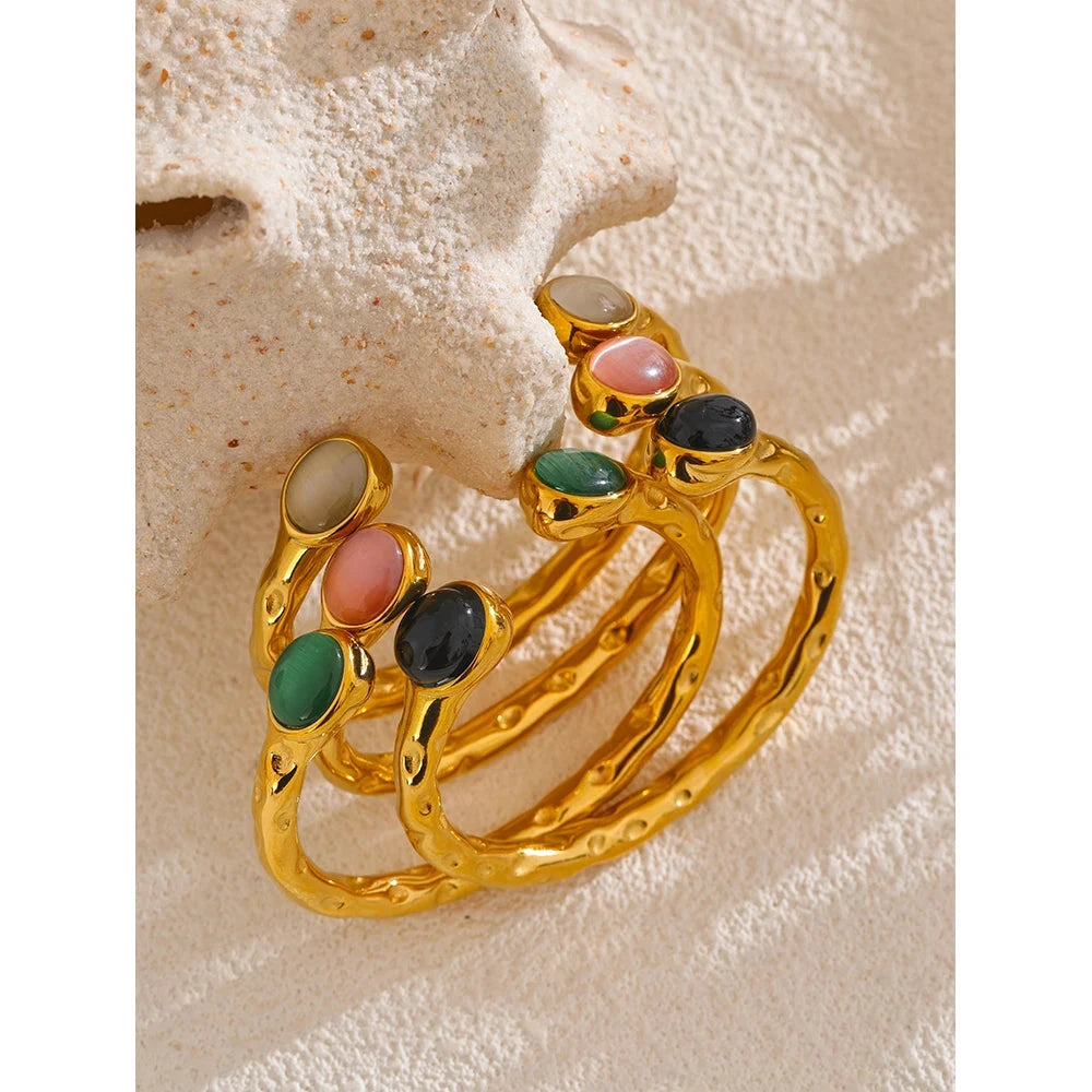 62mm High Quality Stainless Steel Multicolored Natural Stone Golden Cuff Open Bracelet Bangle Water Resistant Jewelry by PoisedMe