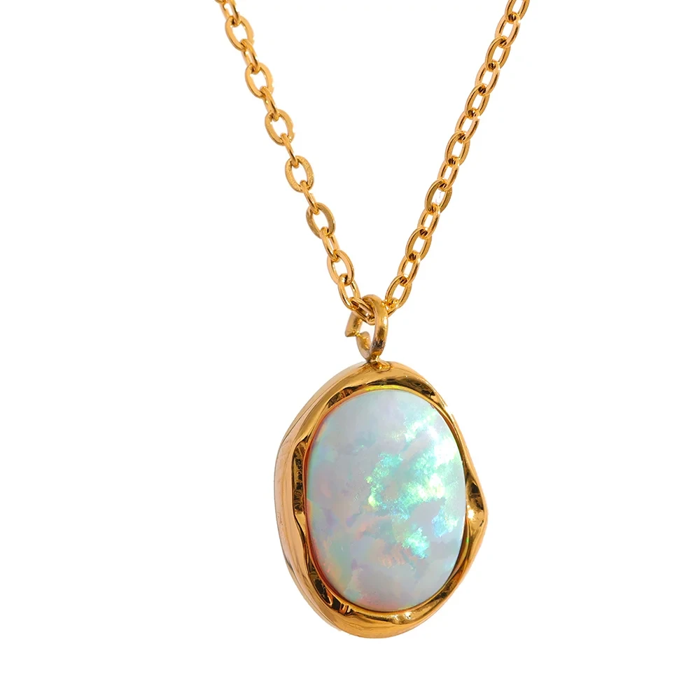 Exquisite Stylish Processed Opal Stone Minimalist Small Chic Pendant Necklace 18k Gold Plated Jewelry for Women Gift by PoisedMe