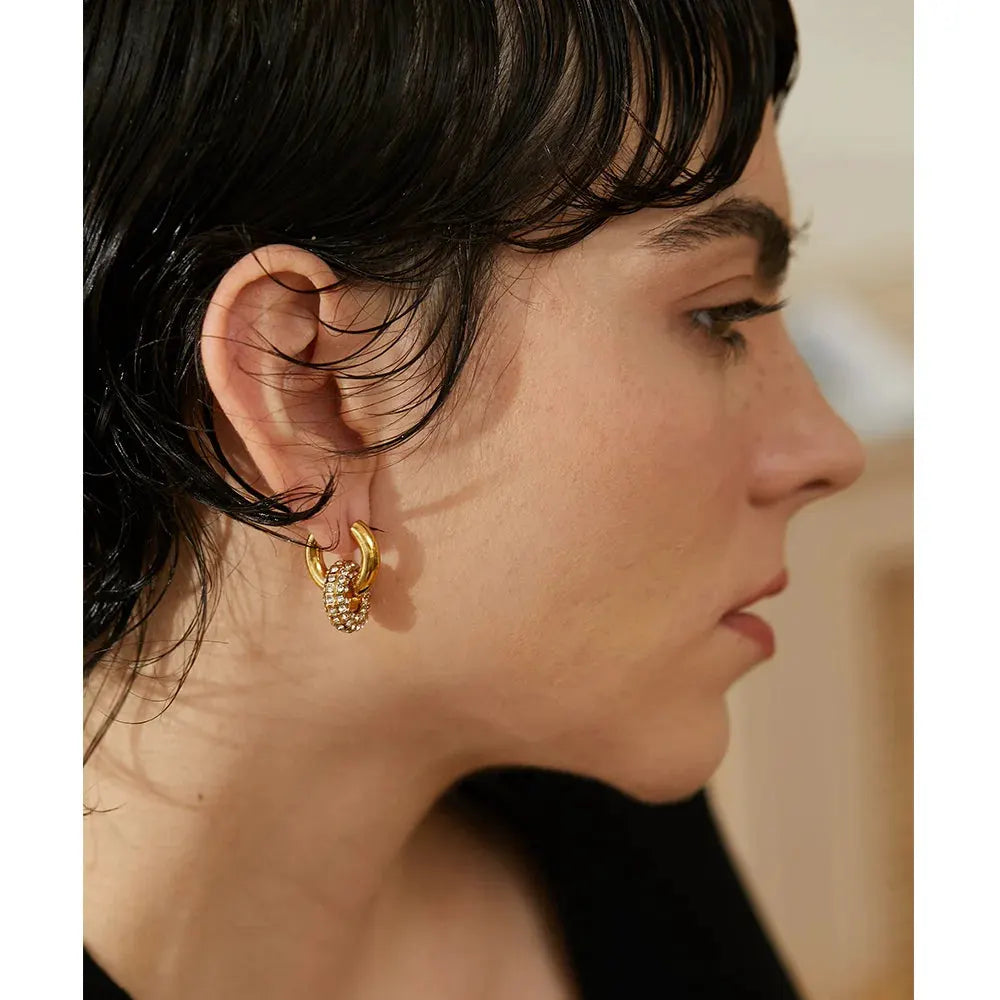 PoisedMe Delicate Shiny Cubic Zirconia Round Stainless Steel 18K Gold Color Huggie Hoop Earrings High Quality Charm Jewelry Gift -