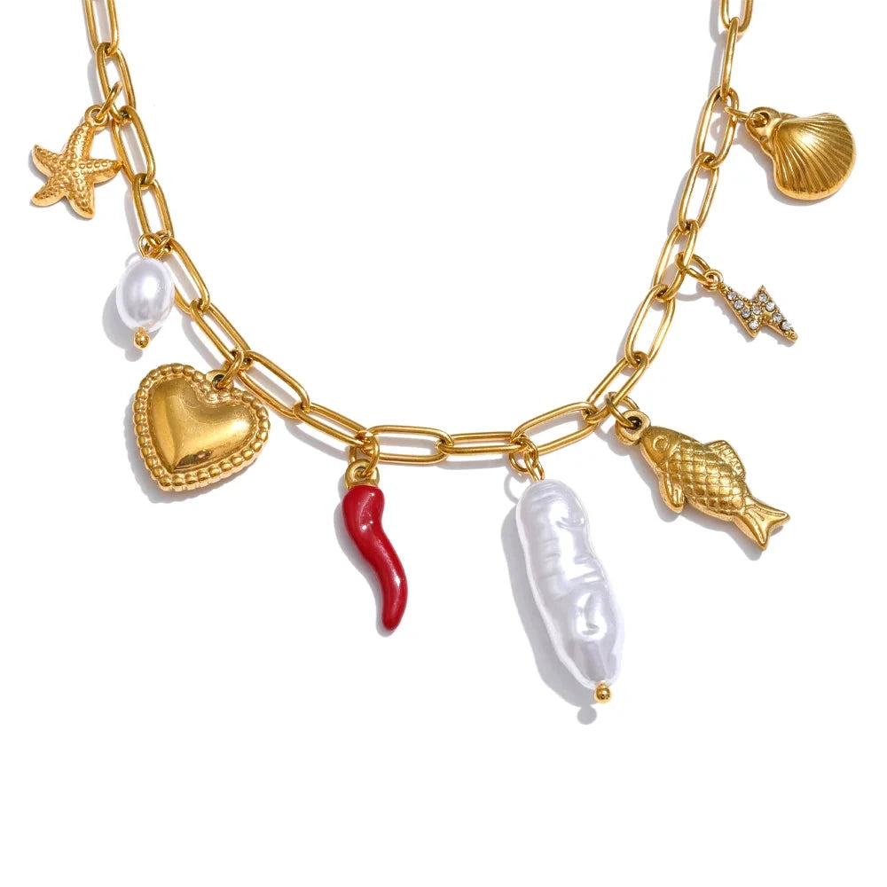 Ocean Style Stainless Steel Pearl Shell Starfish Flower Chilli Drop Charm Necklace Golden Plated Handmade Holiday Jewelry by PoisedMe