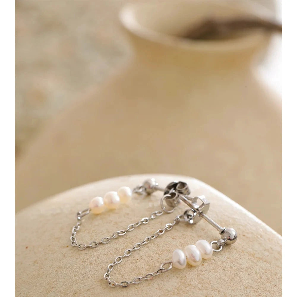 PoisedMe Yhpup 2025 Stainless Steel Natural Pearls Chain Tassel Drop Dangle Earrings for Women Popular Fashion Daily Korean Jewelry -