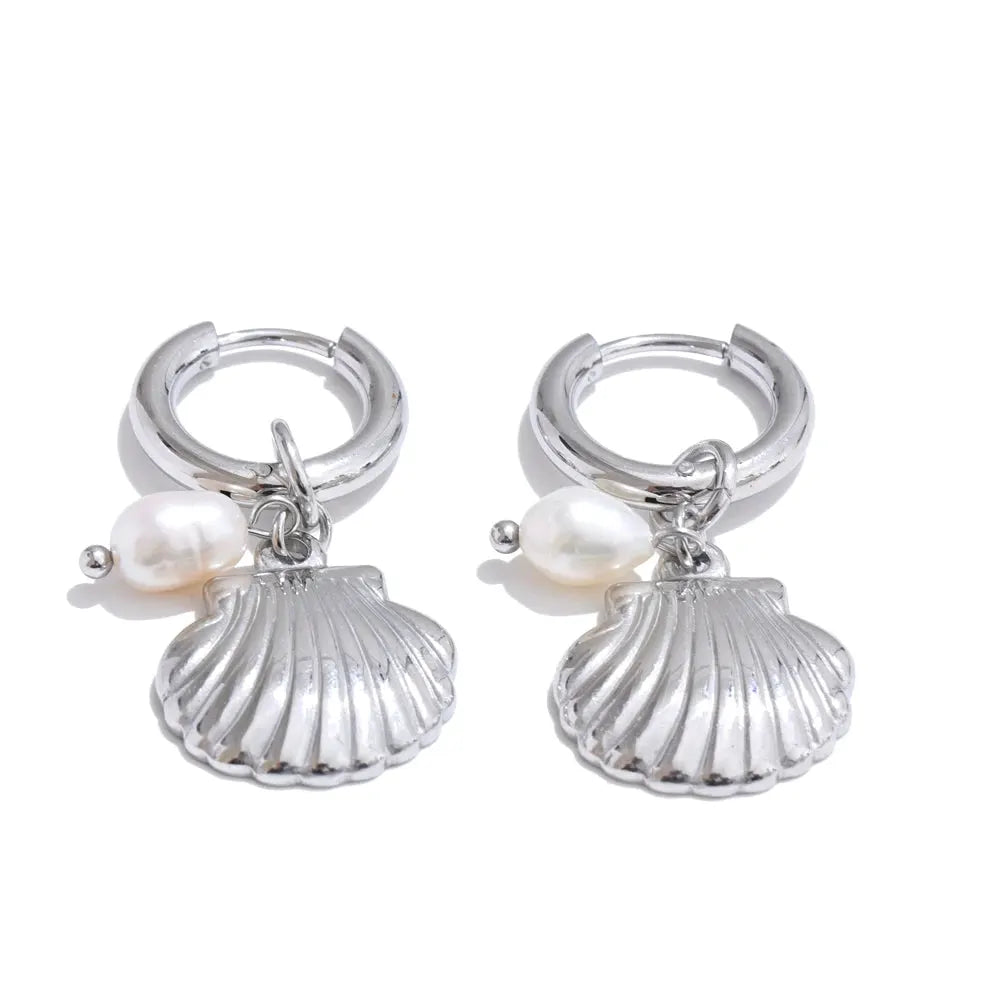 PoisedMe Ocean Style Natural Pearl Conch Shell Starfish Drop Summer Hoop Earrings for Women Stainless Steel Holiday Daily Jewelry -