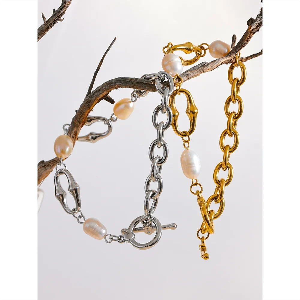 316l Stainless Steel Natural Pearl Chain Toggle-Clasps Bracelet Bangle for Women Elegant Fashion Jewelry Bijoux Waterproof by PoisedMe
