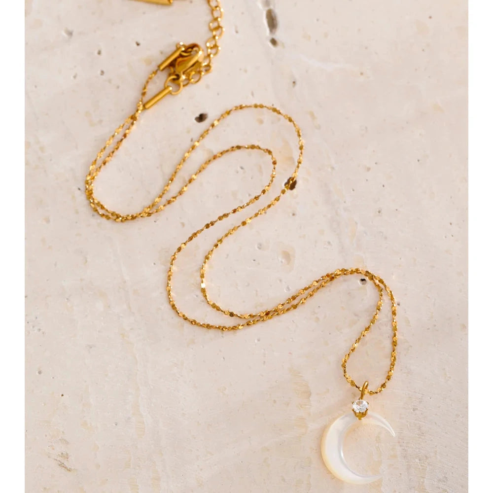 Waterproof Shell Zircon Moon Chic Necklace Pendant Stylish Unique PVD Plated Charm Delicate Korean Jewelry Wholesale by PoisedMe