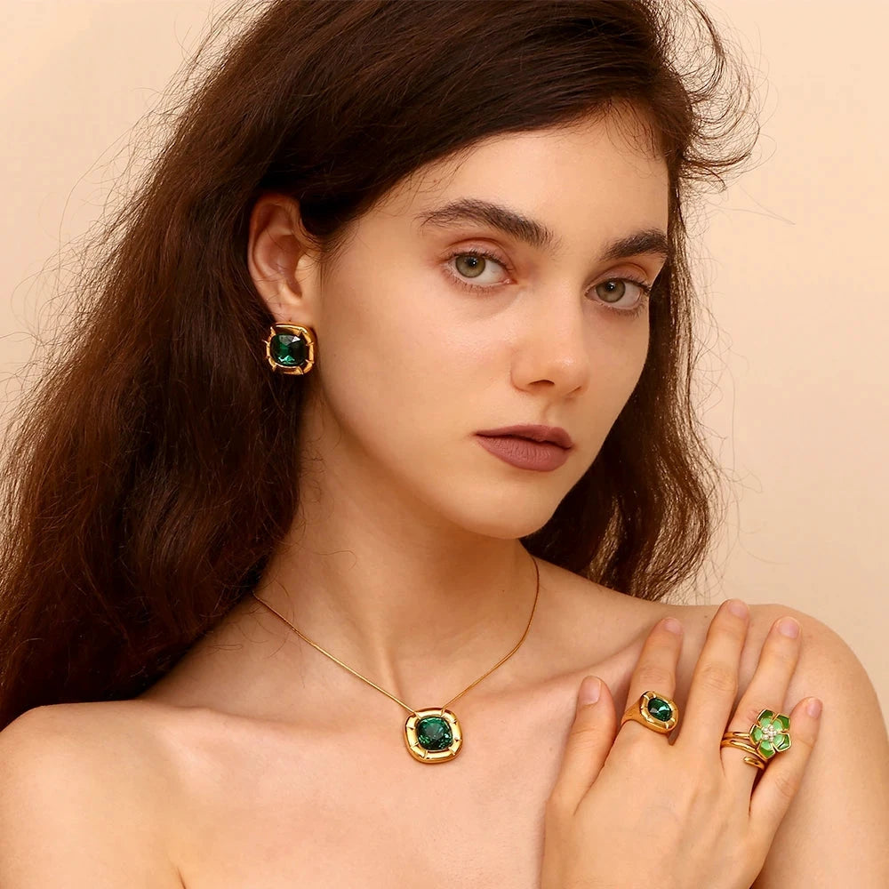 E.B.belle Round Square Flower Zircon Earrings Necklace Ring Tarnish Free Stainless Steel Women's Ring 18K Gold Plated Jewelry by PoisedMe