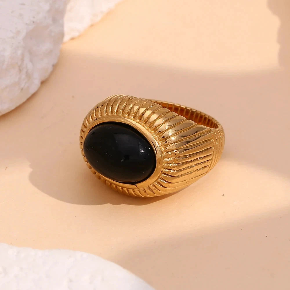 Vintage Oval Black Agate Stripes Rings Stainless Steel 18K Gold Plated Ring Woman Jewelry Women Finger Decoration by PoisedMe