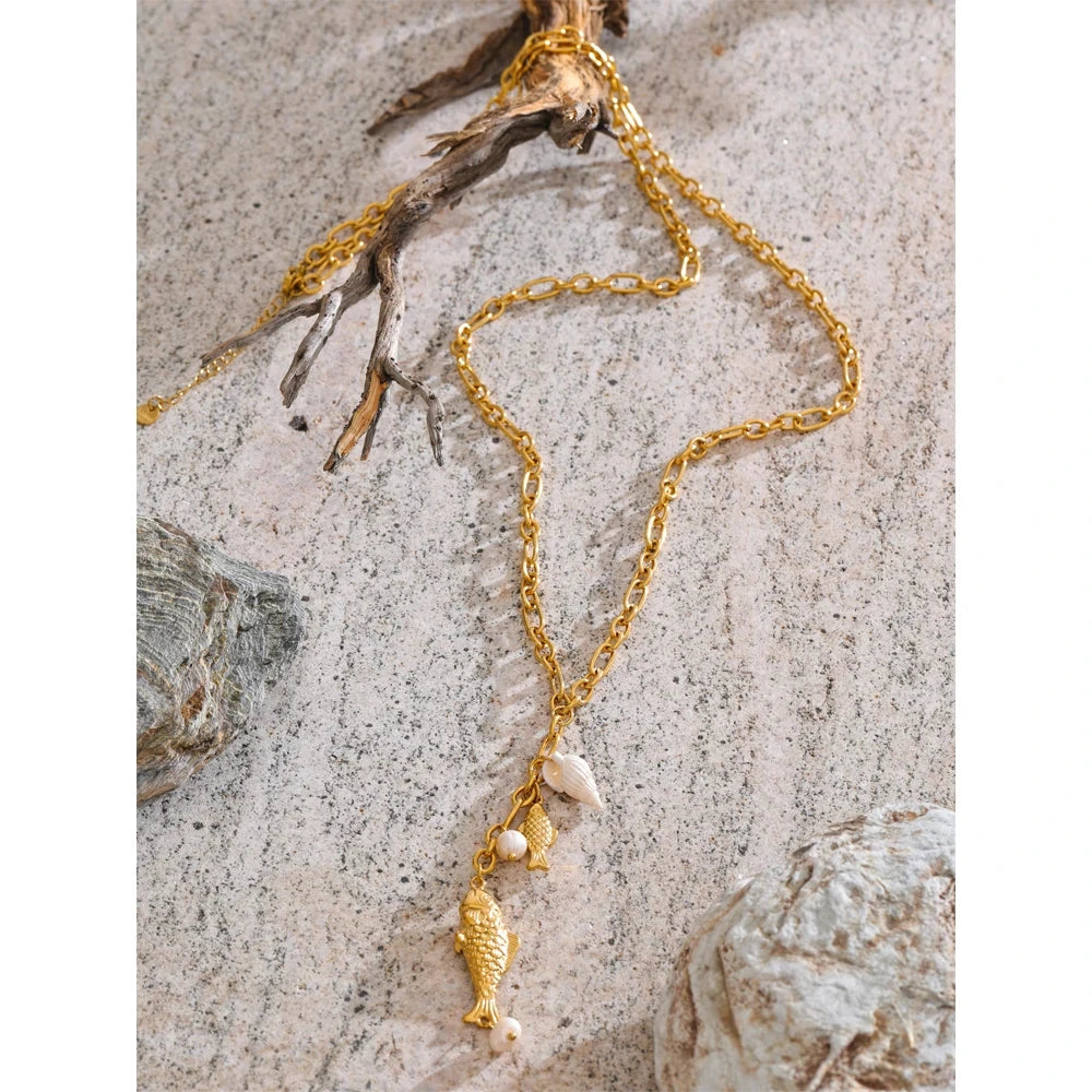 Yhpup Natural Pearls Shell Fish Pendant Chain Necklace 18K Golden PVD Plated Fashion Stainless Steel Charm Waterproof Jewelry by PoisedMe