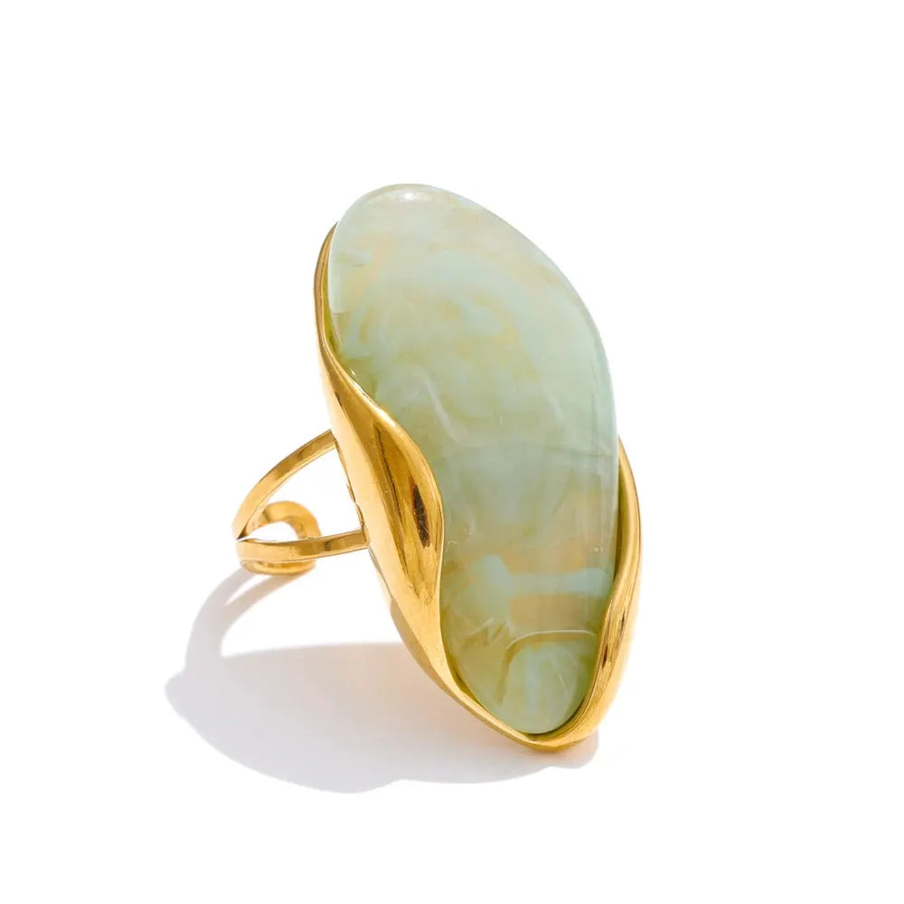 PoisedMe Brown Green Beige Resin Geometric Adjustable Ring Golden PVD Stainless Steel Rust Proof Finger Jewelry Gift -