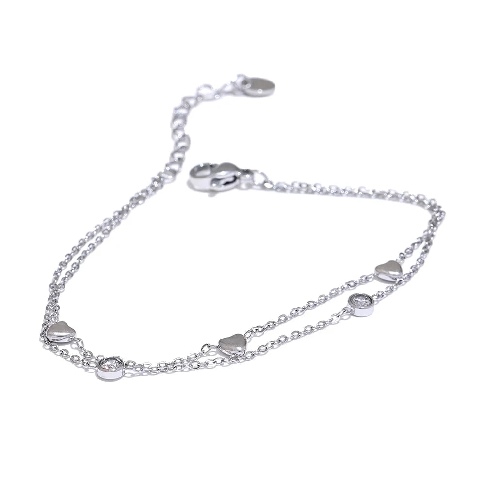 Delicate Chain Heart Zircon Double Layer Stacking Bracelet Bangle Chic Summer Stainless Steel Waterproof Jewelry Gift by PoisedMe