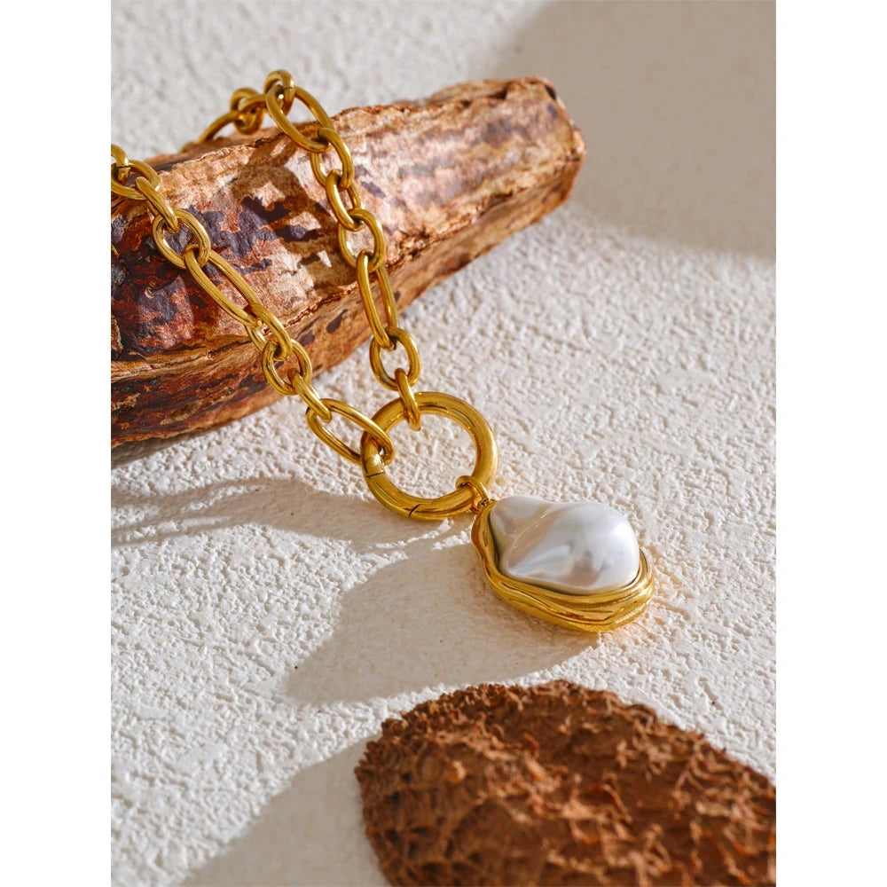 50CM Trendy Baroque Simulated Pearls Golden Pendant Necklace 18K PVD Plated Chain Stainless Steel Fashion Jewelry by PoisedMe