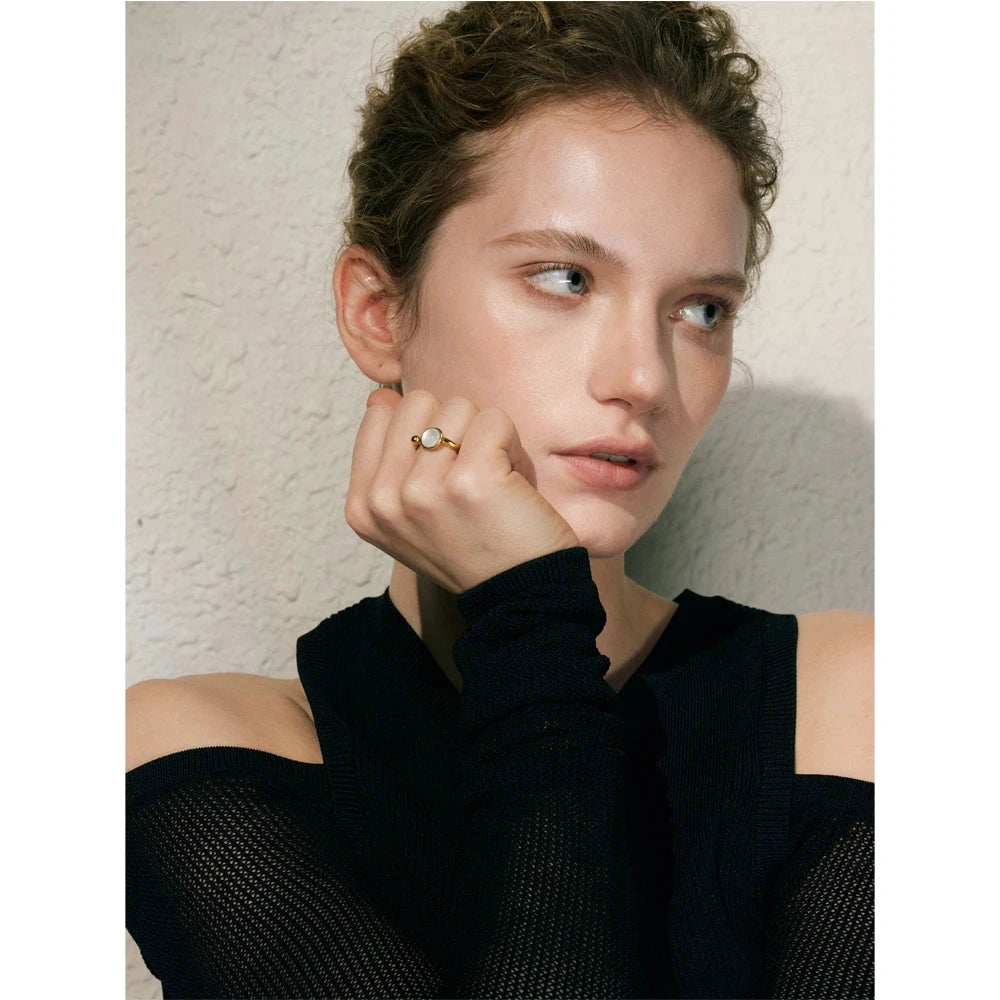 Fashion Stainless Steel Natural Shell Fritillary Geometric Ring 18K PVD Plated Jewelry Bagues Pour Femme Gift by PoisedMe