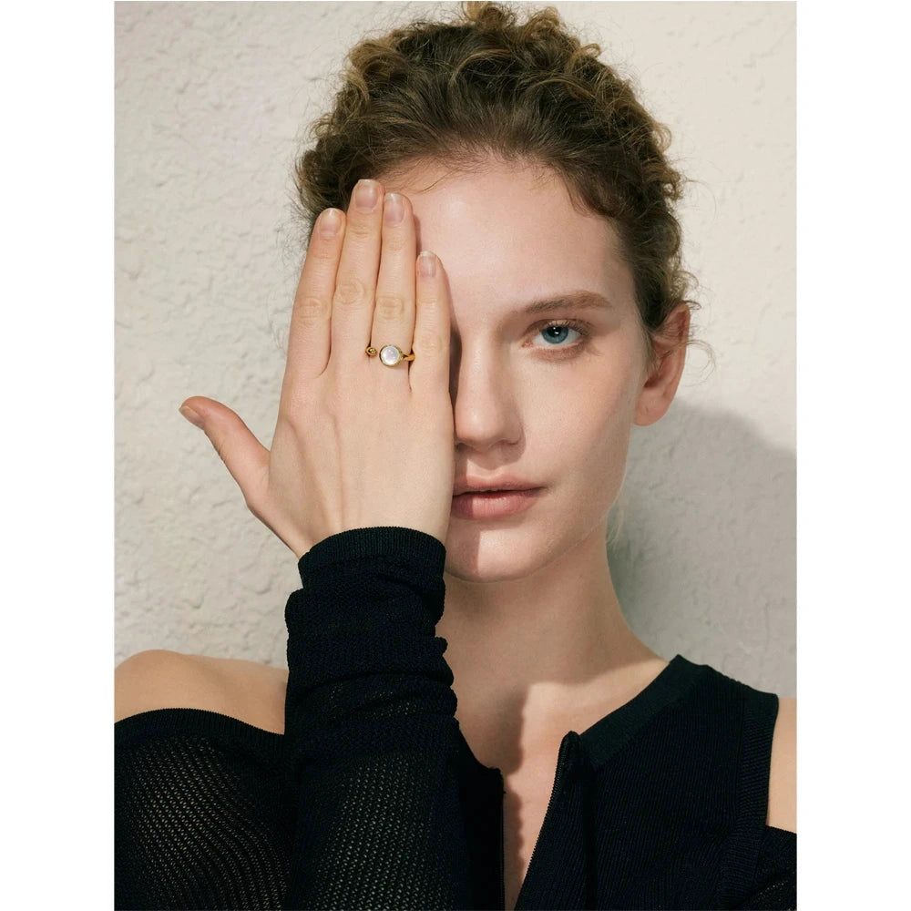 Fashion Stainless Steel Natural Shell Fritillary Geometric Ring 18K PVD Plated Jewelry Bagues Pour Femme Gift by PoisedMe