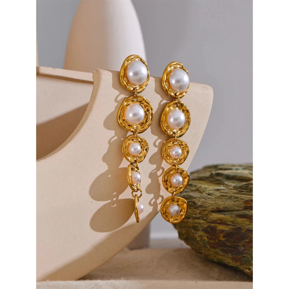 Stainless Steel Simulated Pearl Earrings Golden Long Drop Hypoallergenic by PoisedMe