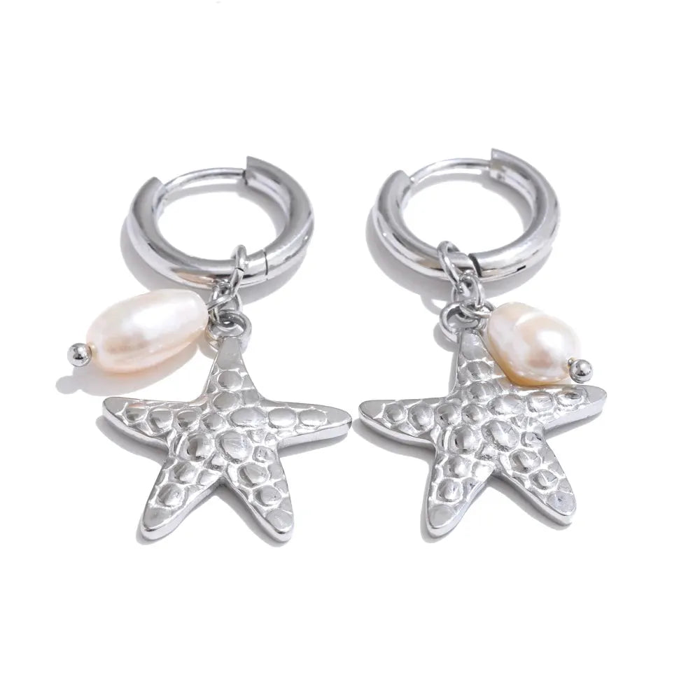 PoisedMe Ocean Style Natural Pearl Conch Shell Starfish Drop Summer Hoop Earrings for Women Stainless Steel Holiday Daily Jewelry -