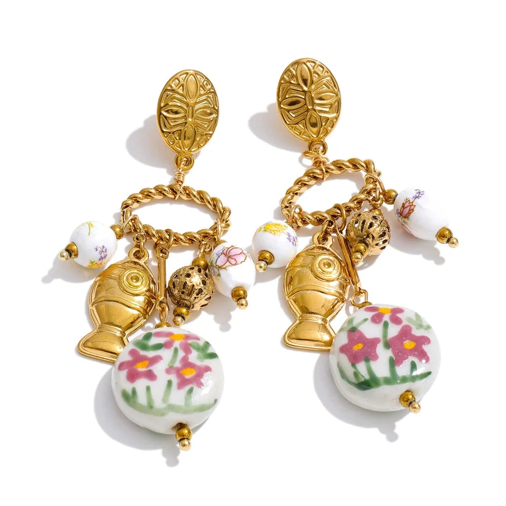 France Stainless Steel Ceramic Flower Fish Drop Charm Earrings Trendy Design New Arrivals 2026 Popular Charm Jewelry Gift by PoisedMe
