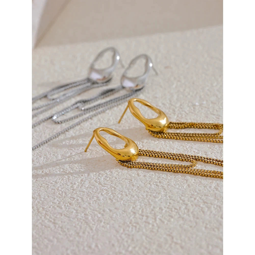 Gold-tone 316L stainless steel geometric tassel chain drop earrings for women, waterproof.