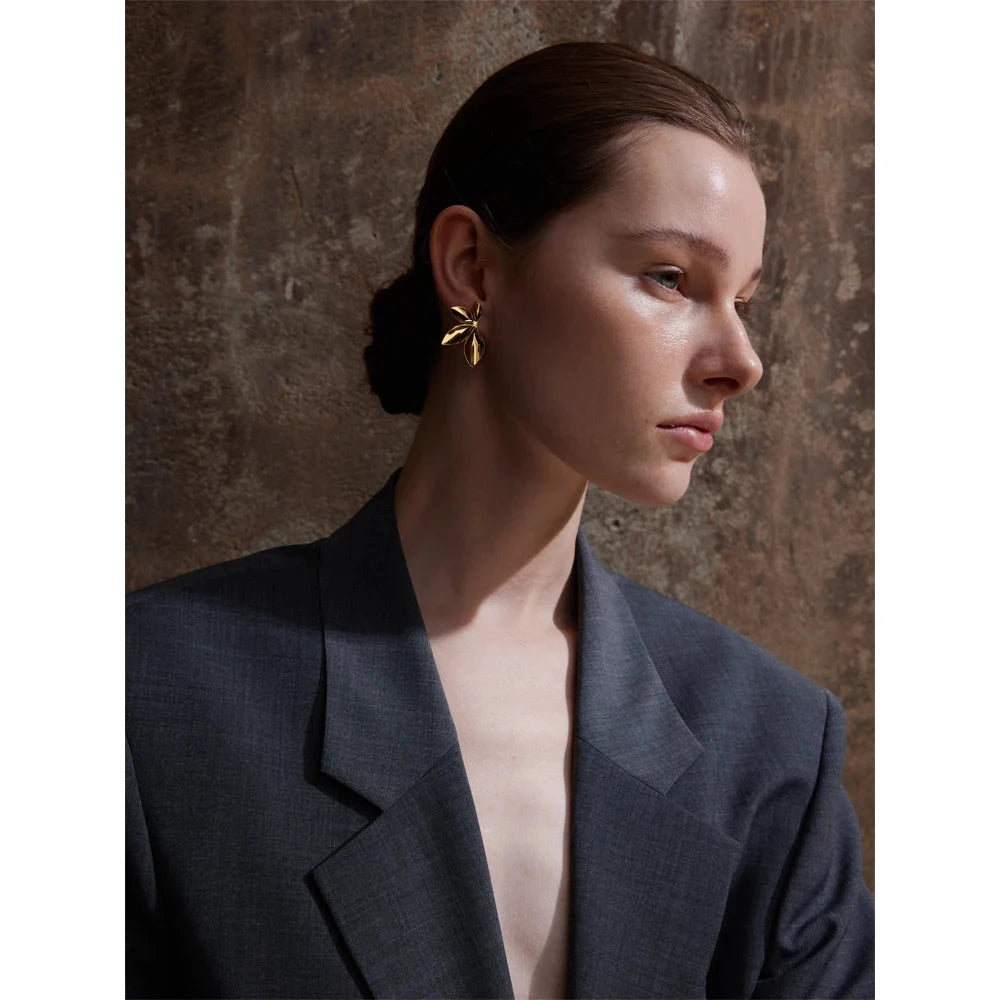 Fashion Stainless Steel Leaves Flower Stud Earrings Bright Anti Allergy Waterproof Charm Texture High Quality Jewelry by PoisedMe