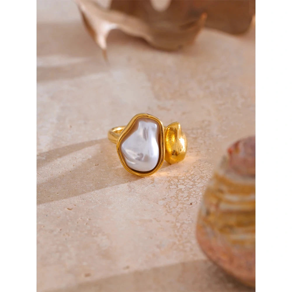18K Golden PVD Plated Stainless Steel Cast Finger Open Artificial Baroque Pearl Ring Rust Resistant Fashion Jewelry by PoisedMe