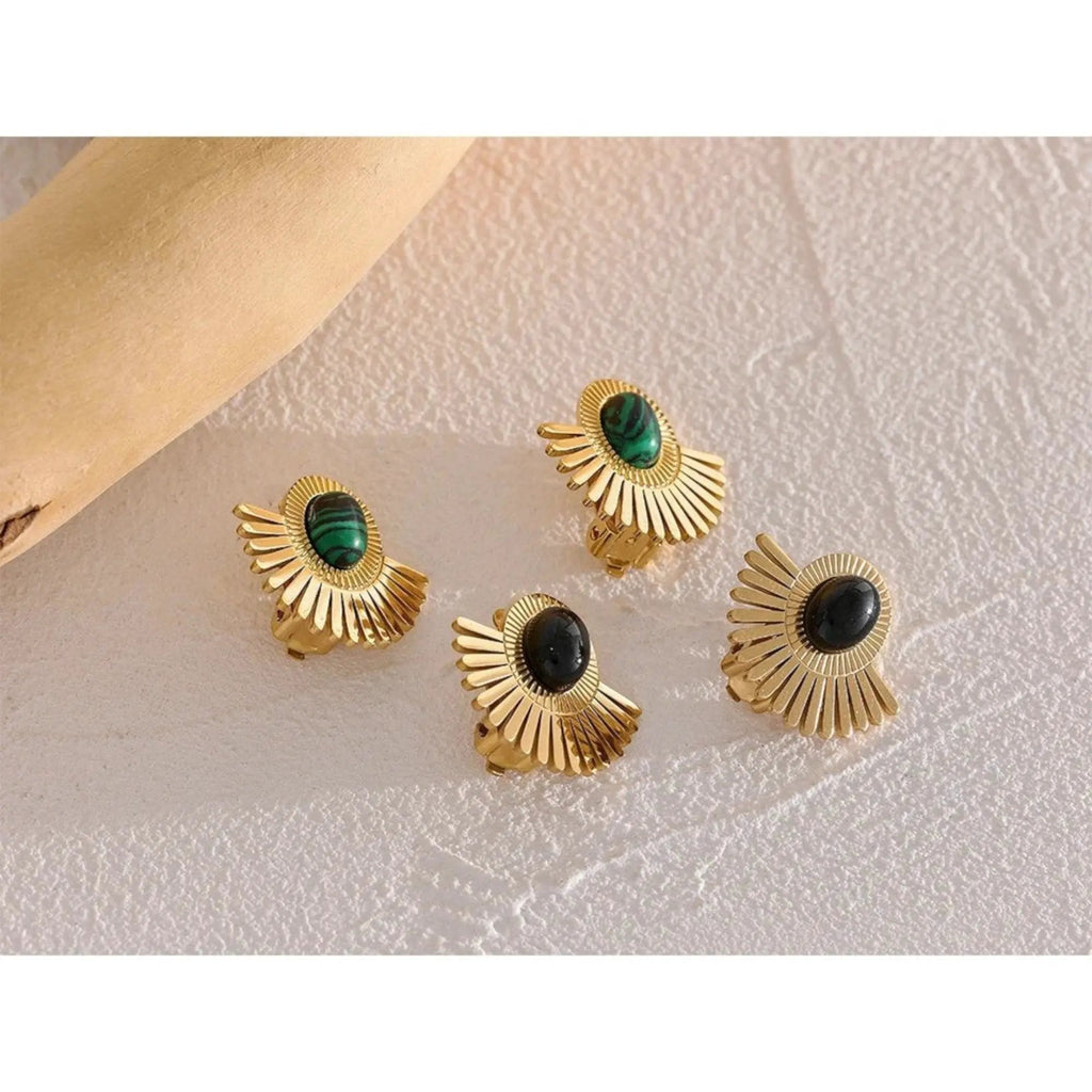 PoisedMe Gold Tone Sunburst Clip Earrings With Green Malachite Stone Statement Jewelry - Earrings