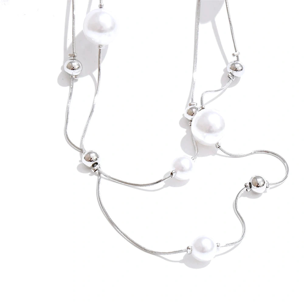 PoisedMe Yhpup 92+5cm Double-Layer Chain Overlay Necklace Stainless Steel 4-Season Jewelry Sweater Chain Accessories Simulated Pearls -