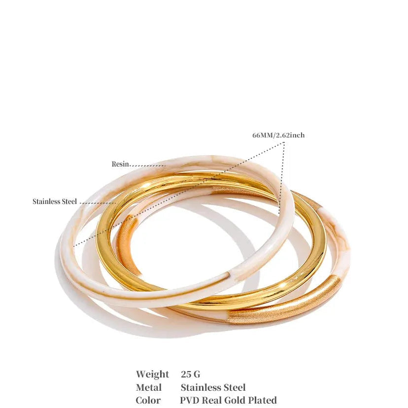 PoisedMe 1Set 65mm 3 Round Circle Resin Overlay Minimalist Bracelet Bangle Set 18K Gold Plated Stainless Steel Wrist Trend Jewelry -