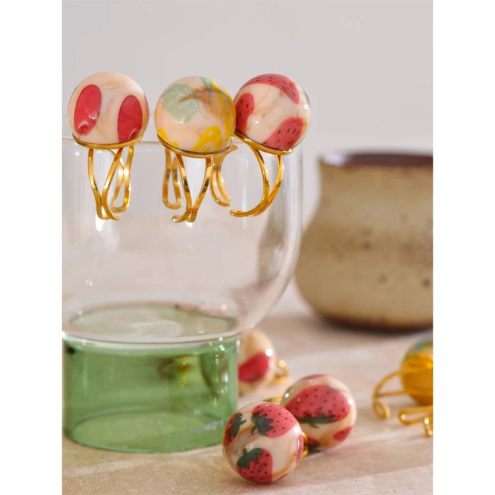 Candy Enamel Round Strawberry Pineapple Cherry Open Ring Adjustable Stainless Steel Exquisite Fashion Jewelry by PoisedMe