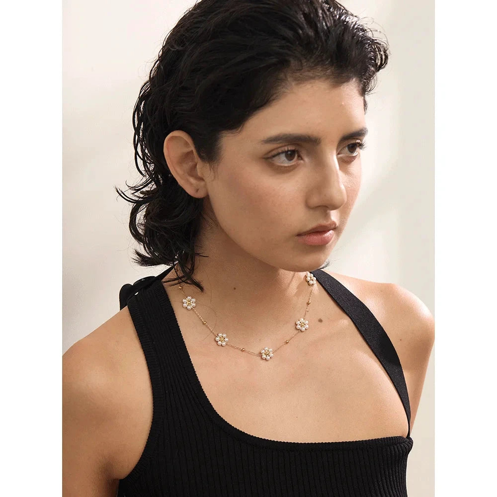 Fashion Imitation Pearls Handmade Flower Beads Chain Necklace Women 18K Gold Color PVD Stainless Steel Jewelry Waterproof by PoisedMe