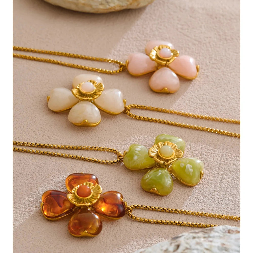 Acrylic Fashion Flower Pendant Necklace Adjustable Ring Earrings Set Stainless Steel Trendy Jewelry Gift Multi-color by PoisedMe