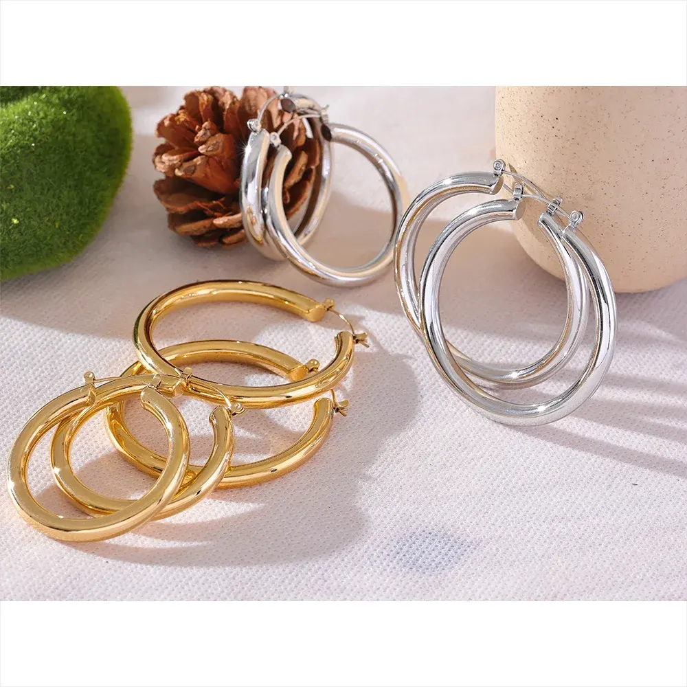PoisedMe Minimalistic Big Sleek Metal Round Hollow Hoop Earrings Anti Allergic 316L Stainless Steel Trendy Simple Ear Jewelry -
