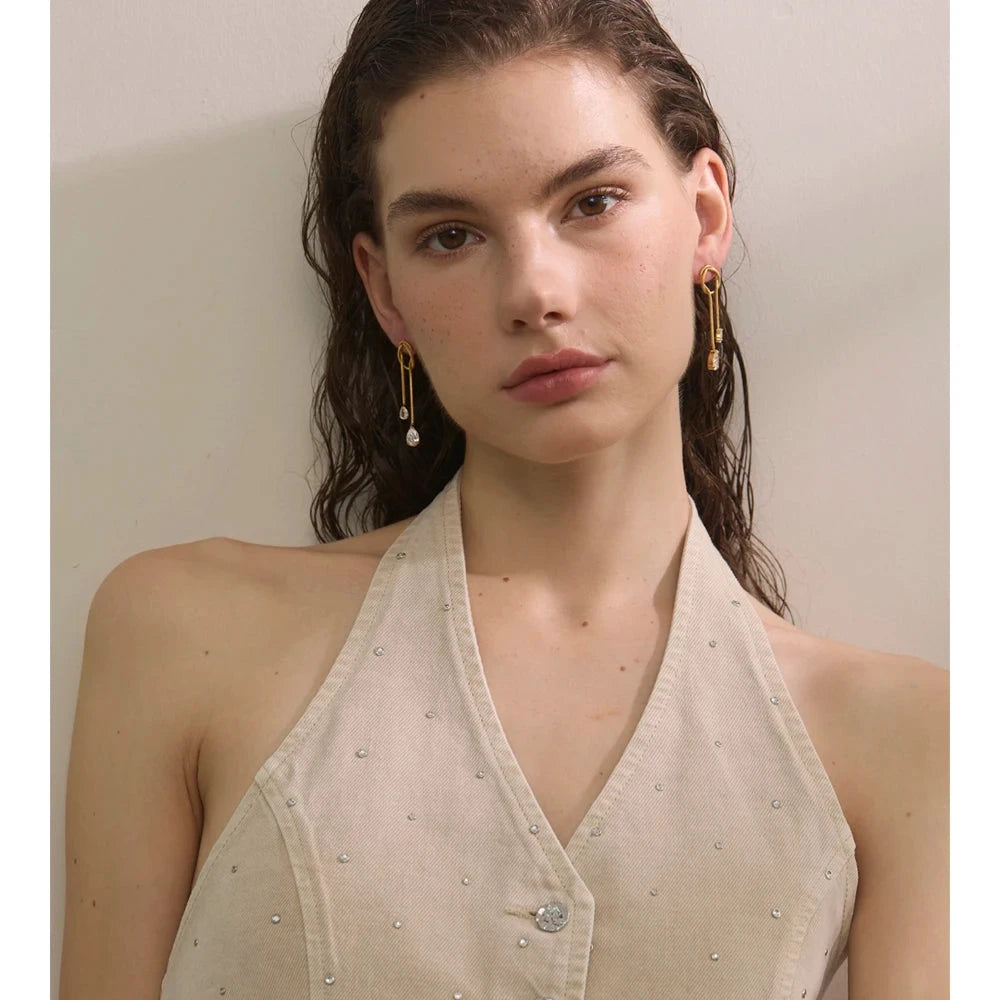 “Aurora” Tassel Drop Earrings – Gold Stainless Steel with Cubic Zirconia Crystals | Modern Geometric Dangle Jewelry by PoisedMe