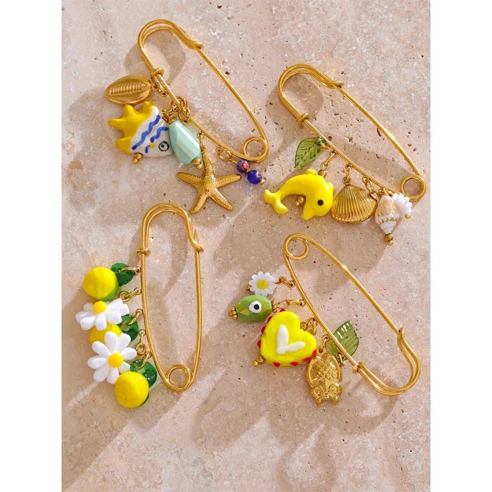 1Pcs Fashion Plastic Strawberry Fruit Heart Flower Shell Drop Charm Clasp Pin 18K Golden Plated Stainless Steel Jewelry by PoisedMe