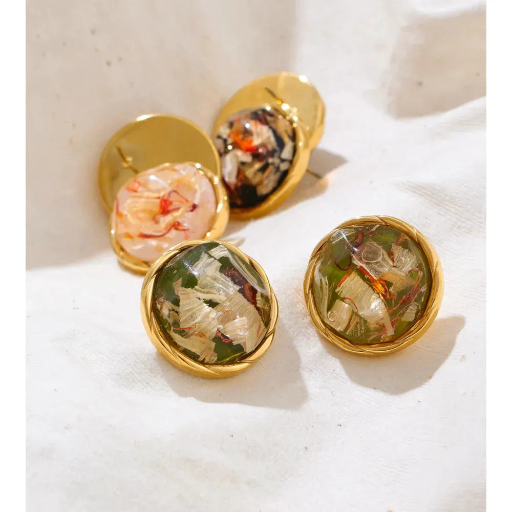 PoisedMe 3 Color Stainless Steel Resin Round Stud Earrings Golden PVD Waterproof Plated Fashion Daily Korean Jewelry Earrings -