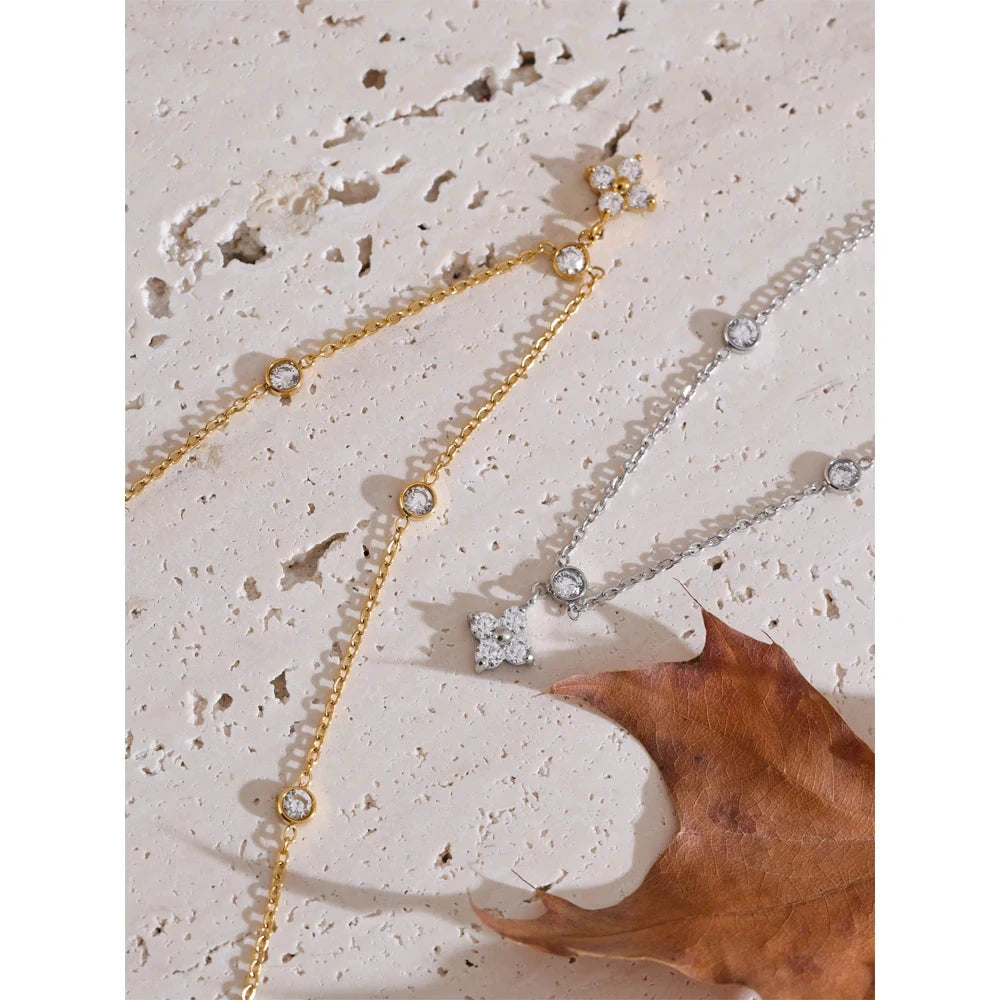 Cubic Zirconia Flower Pendant Necklace – 18K Gold or Silver-Plated Stainless Steel Delicate Chain Jewelry for Women by PoisedMe