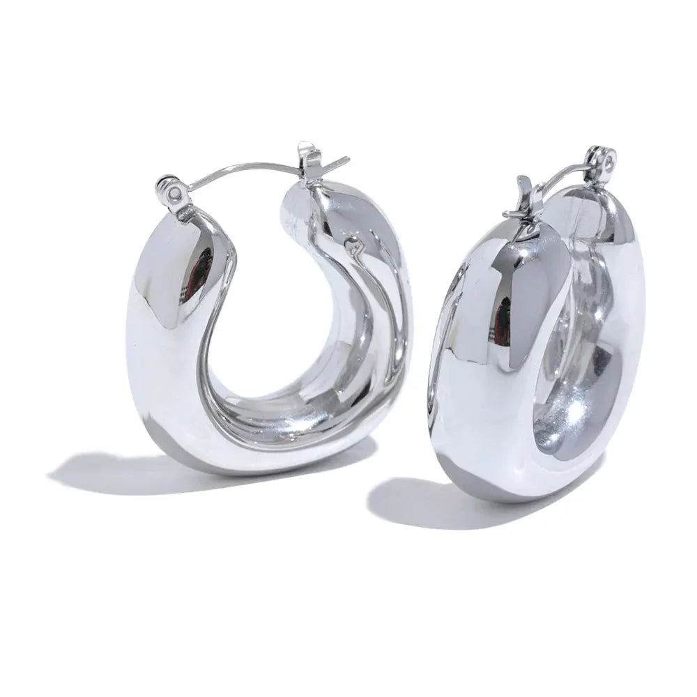 PoisedMe High Quality Stainless Steel Round Geometric Chunky Hoops Earrings for Women Charm Metal Simple Fashion Jewelry Waterproof -