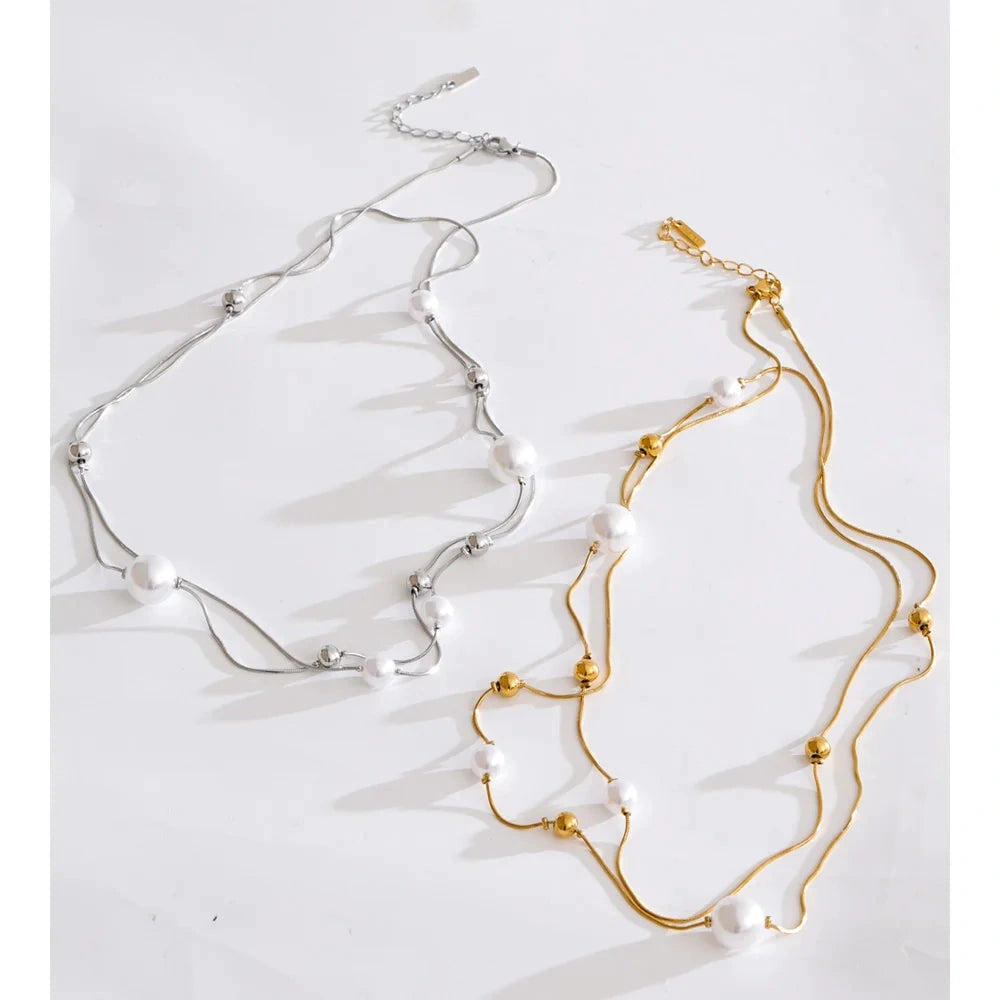 PoisedMe Yhpup 92+5cm Double-Layer Chain Overlay Necklace Stainless Steel 4-Season Jewelry Sweater Chain Accessories Simulated Pearls -