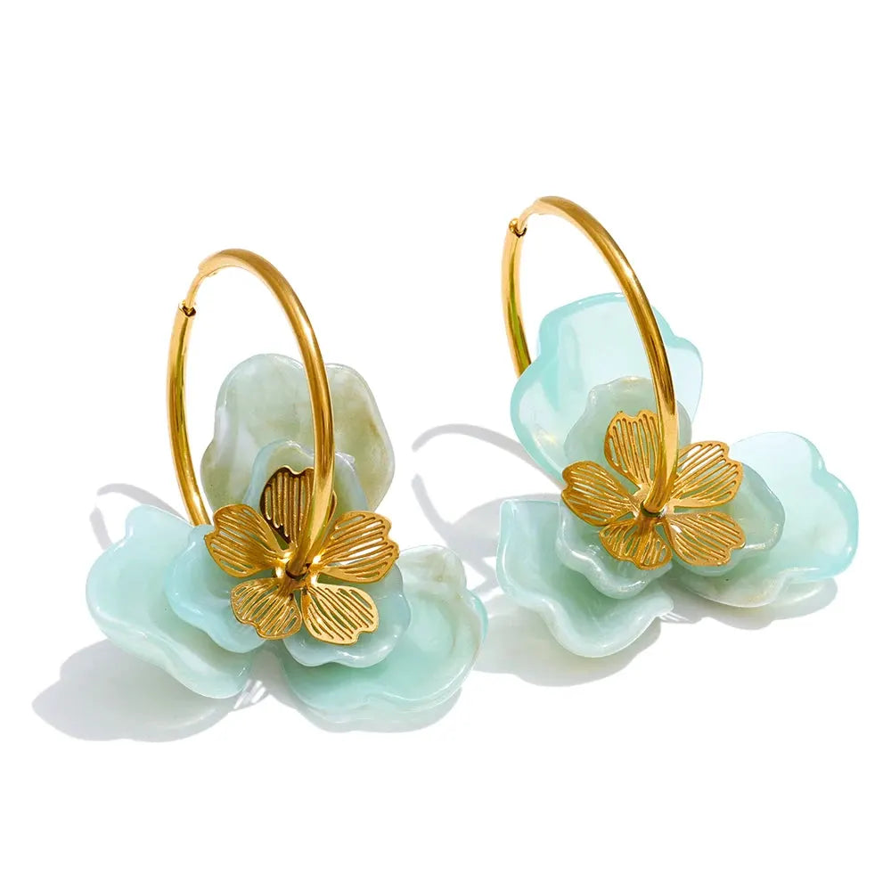 PoisedMe Exclusive Design Resin Flower Hoop Earrings for Women Stainless Steel Charming Jewelry Green Pink Purple White Brown Color -