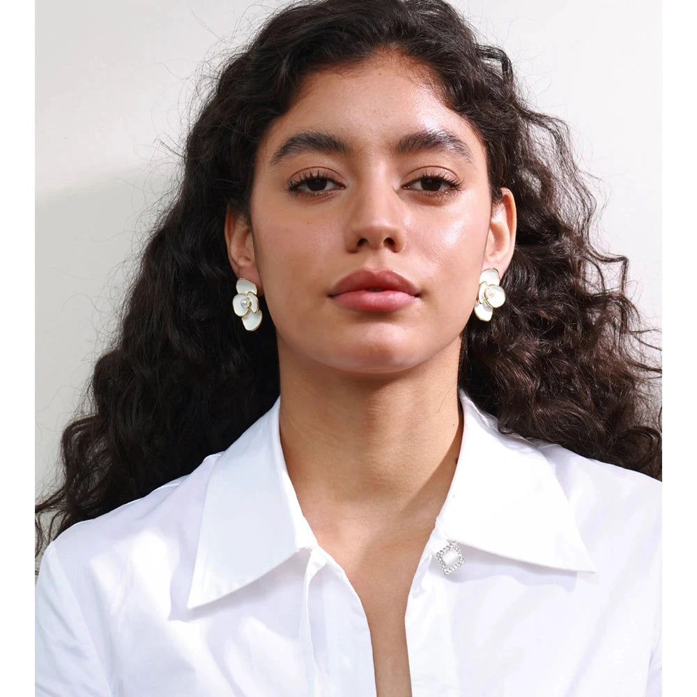 White Enamel Pearls Flower Stud Earrings for Women Golden Stainless Steel Daily Fashion Jewelry Recommend Gift by PoisedMe