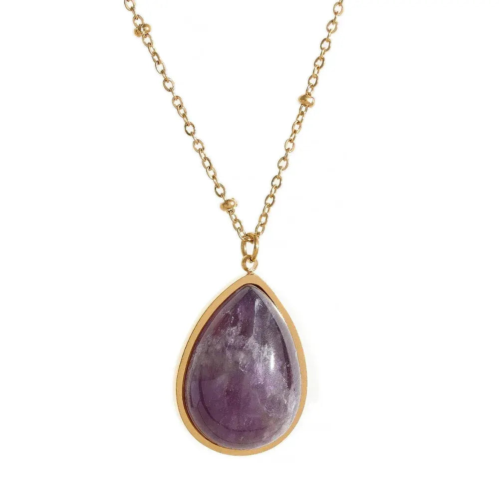 PoisedMe Water Drop Amethyst Green Aventurine Natural Stone Necklace Stainless Steel Fashion Charm Pendant Jewelry Tarnish Free -