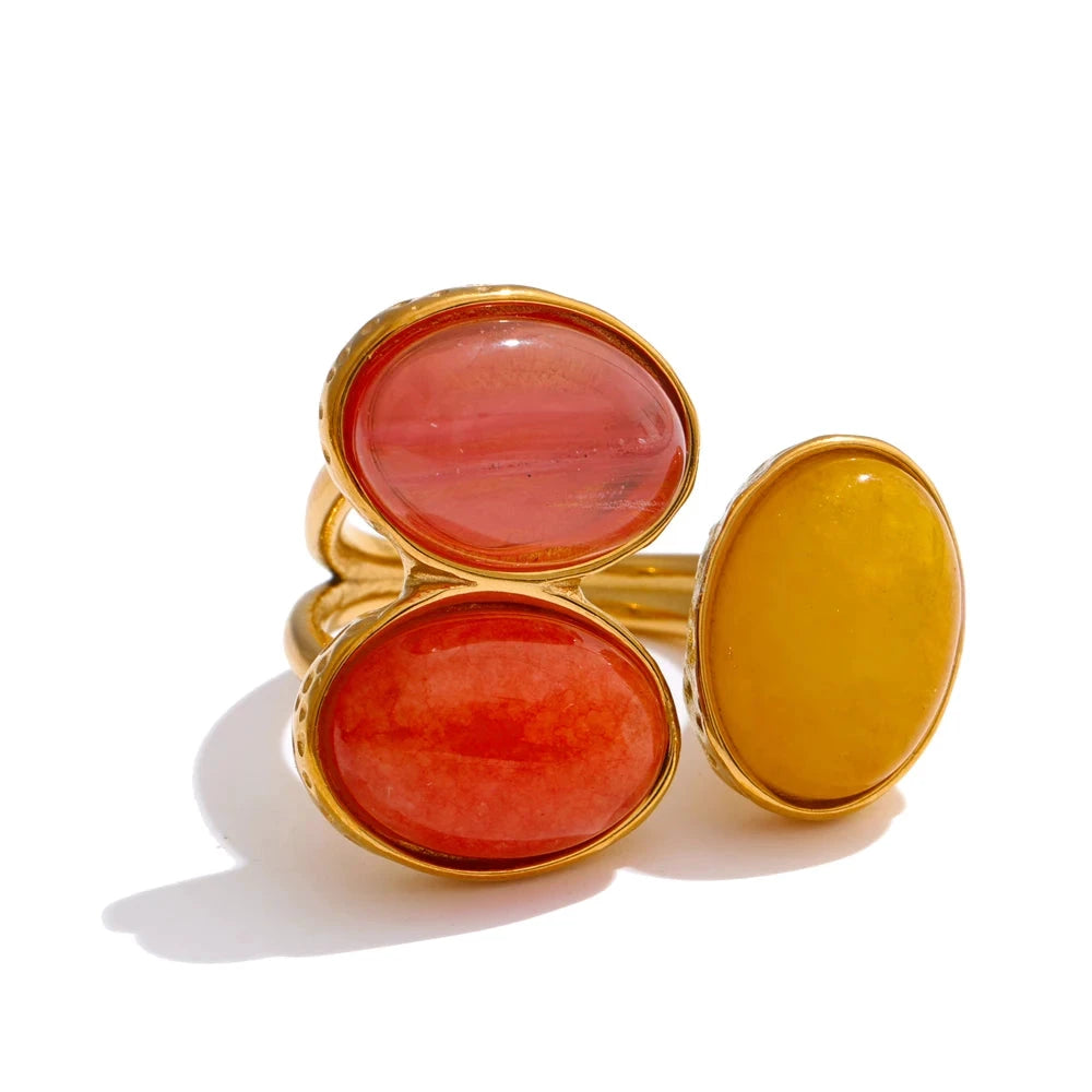 Natural Aventurine Agate Shell Pearl Flower Adjustable Stainless Steel Ring by PoisedMe